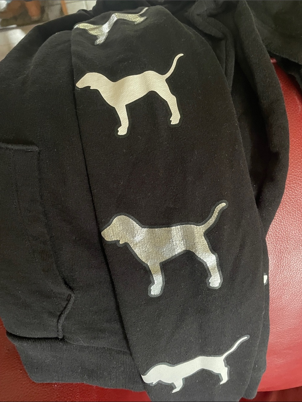 PINK Victoria's Secret Black Hoodie with Metallic Dog Silhouettes